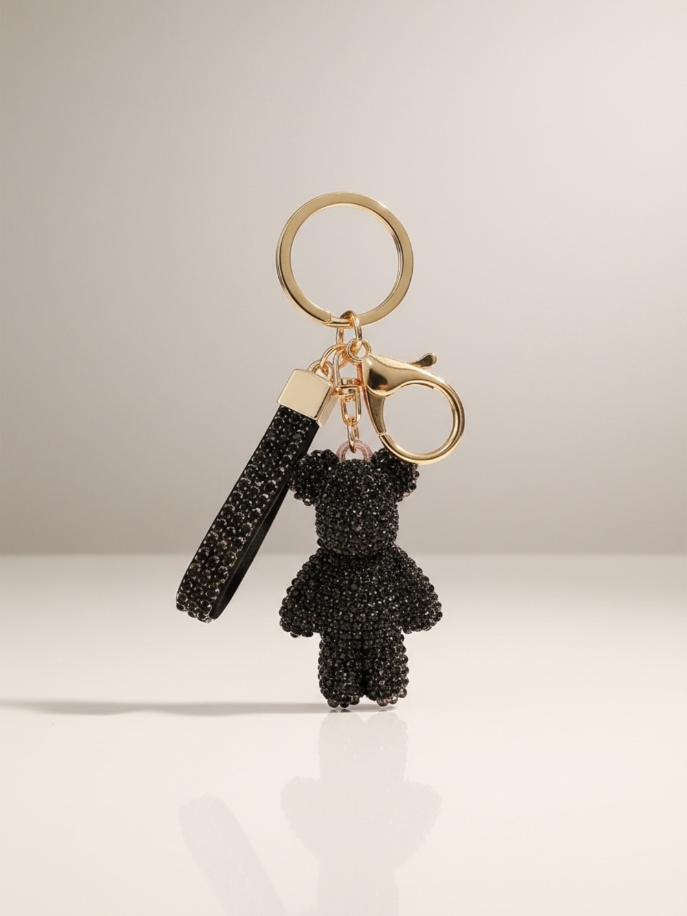 Gold Keyring with Black Crystal Teddy Charm and Strap - Picture 2 of 5